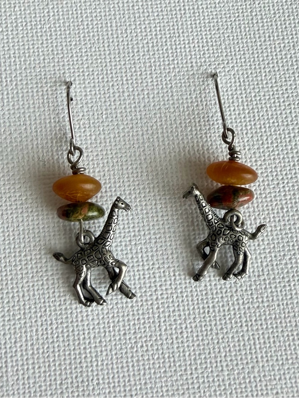 Silver Giraffe Charm Drop Earrings with Amber and Green Beads